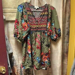 Umgee Olive Multicolor Boho Mini Dress